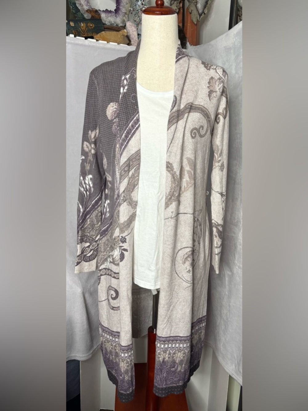 Chico's Purple Paisley Long Cardigan Sweater 1 M MISSING BELT NWT $129
